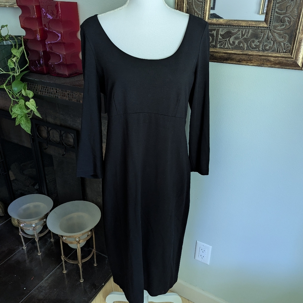 Talbots Women's 8 Midi Sheath Dress Black Long Sleeve Scoop Neck Low Cut 169